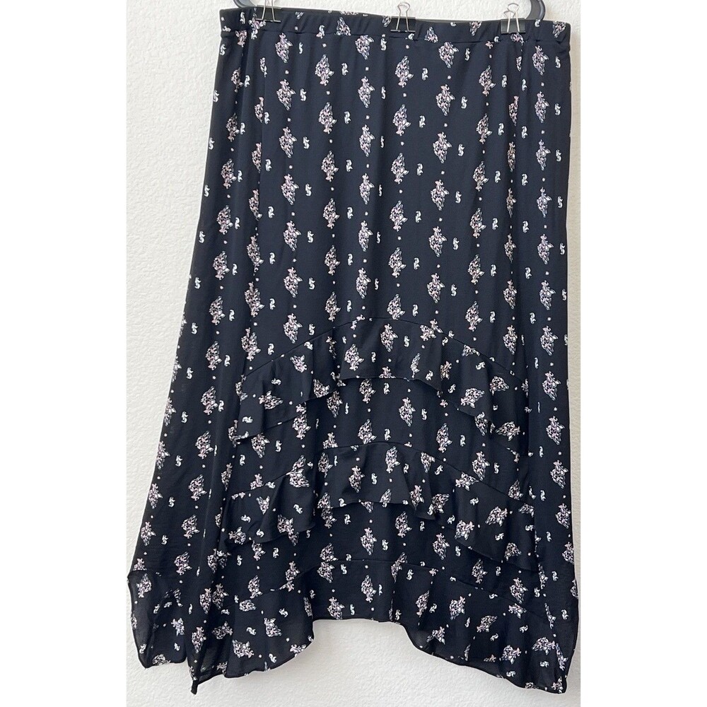 Style And Co Tiered Black Asymmetrical Skirt Floral XL Boho